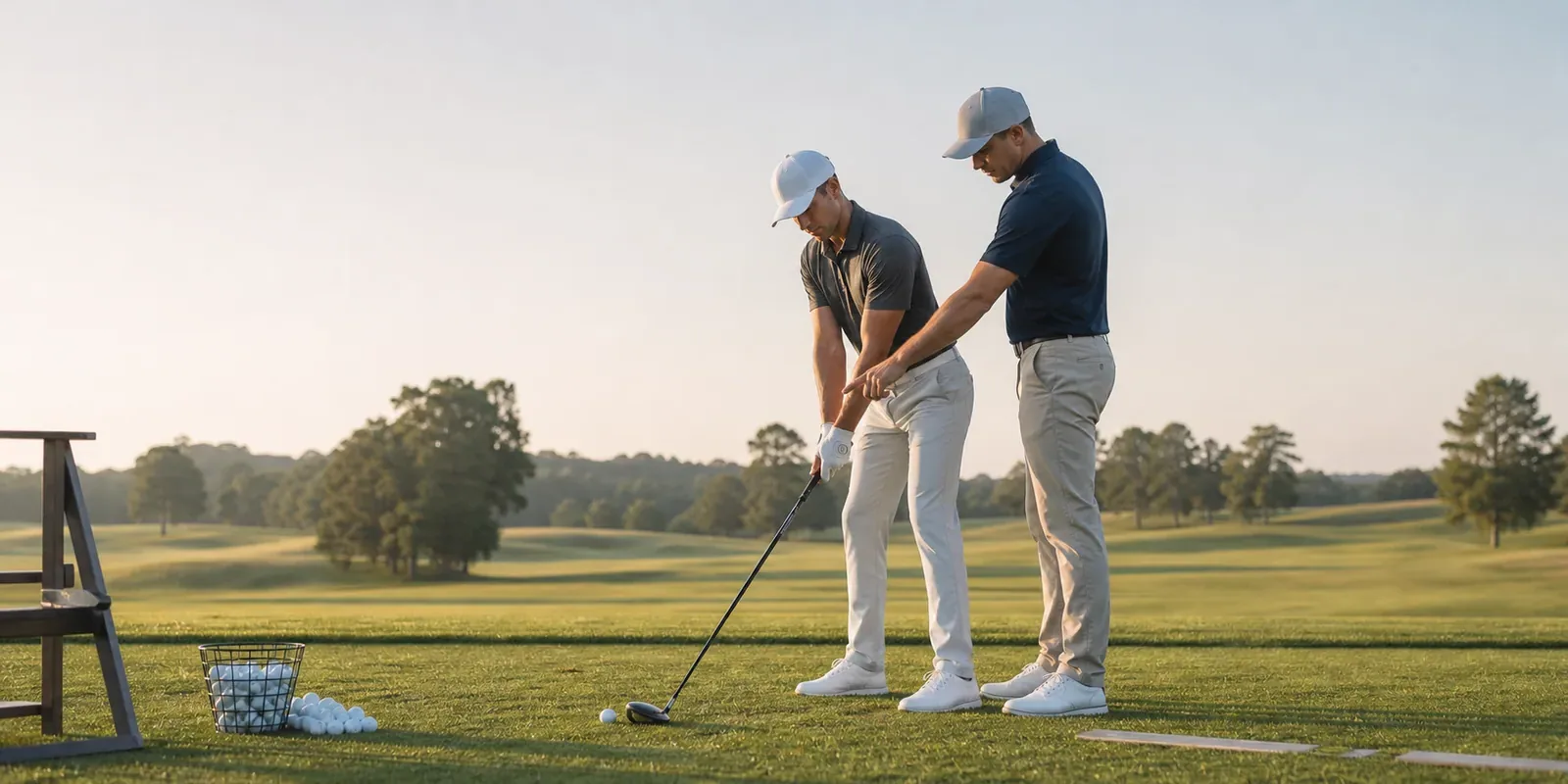 Trainer korrigiert die Haltung eines Golfers auf der Driving Range